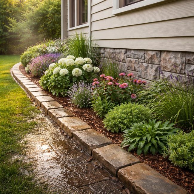 Клумба вдоль фундамента дома: принципы устройства, восприятие и практические ограничения