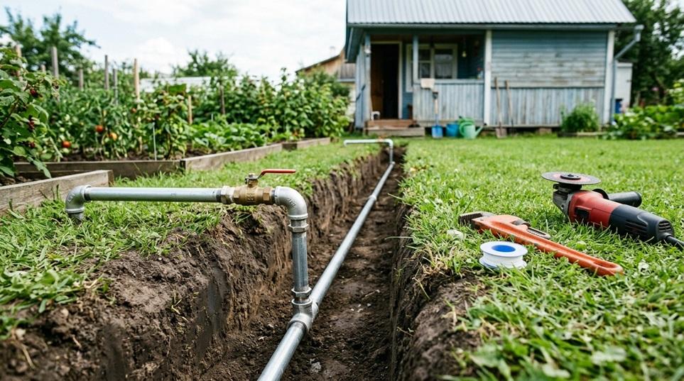 Монтаж летнего водопровода из стальных ВГП труб в траншее на дачном участке